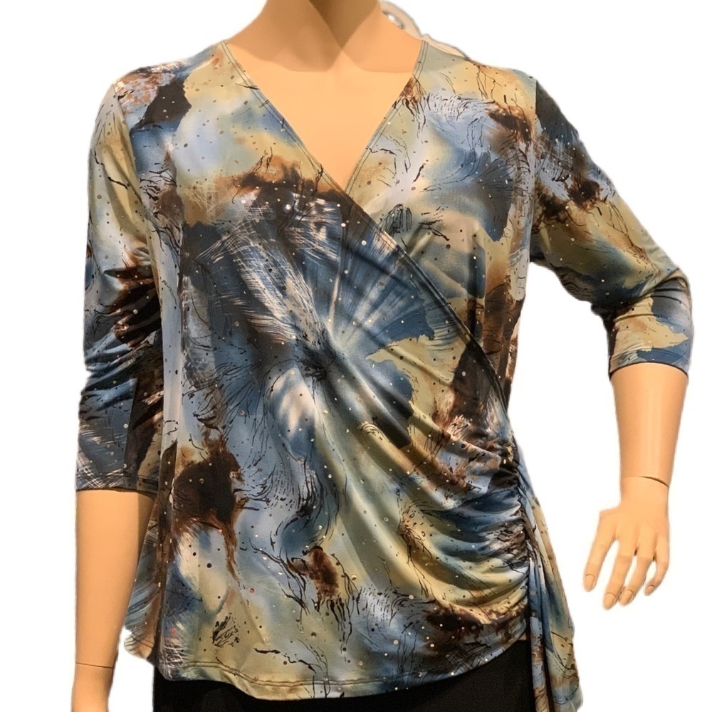DressBarn Shimmer Blouse Plus Size 2X Blue Brown V-Neck Faux Wrap 3/4 Sleeve NWT